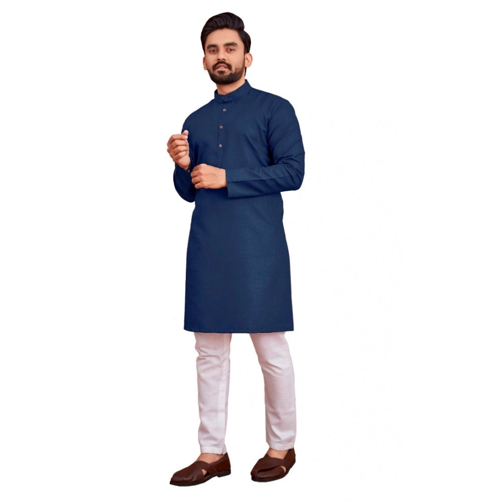 Generic Men's Cotton Blend Solid Full Sleeve Knee Length Kurta (Dark Blue)