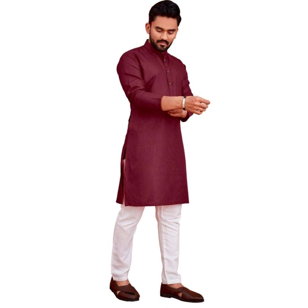 Generic Men's Cotton Blend Solid Full Sleeve Knee Length Kurta (Maroon)