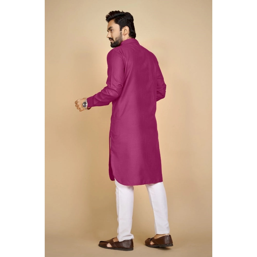 Generisches Herren-Kurta aus Baumwollmischung, einfarbig, lange Ärmel, knielang (Rosa)