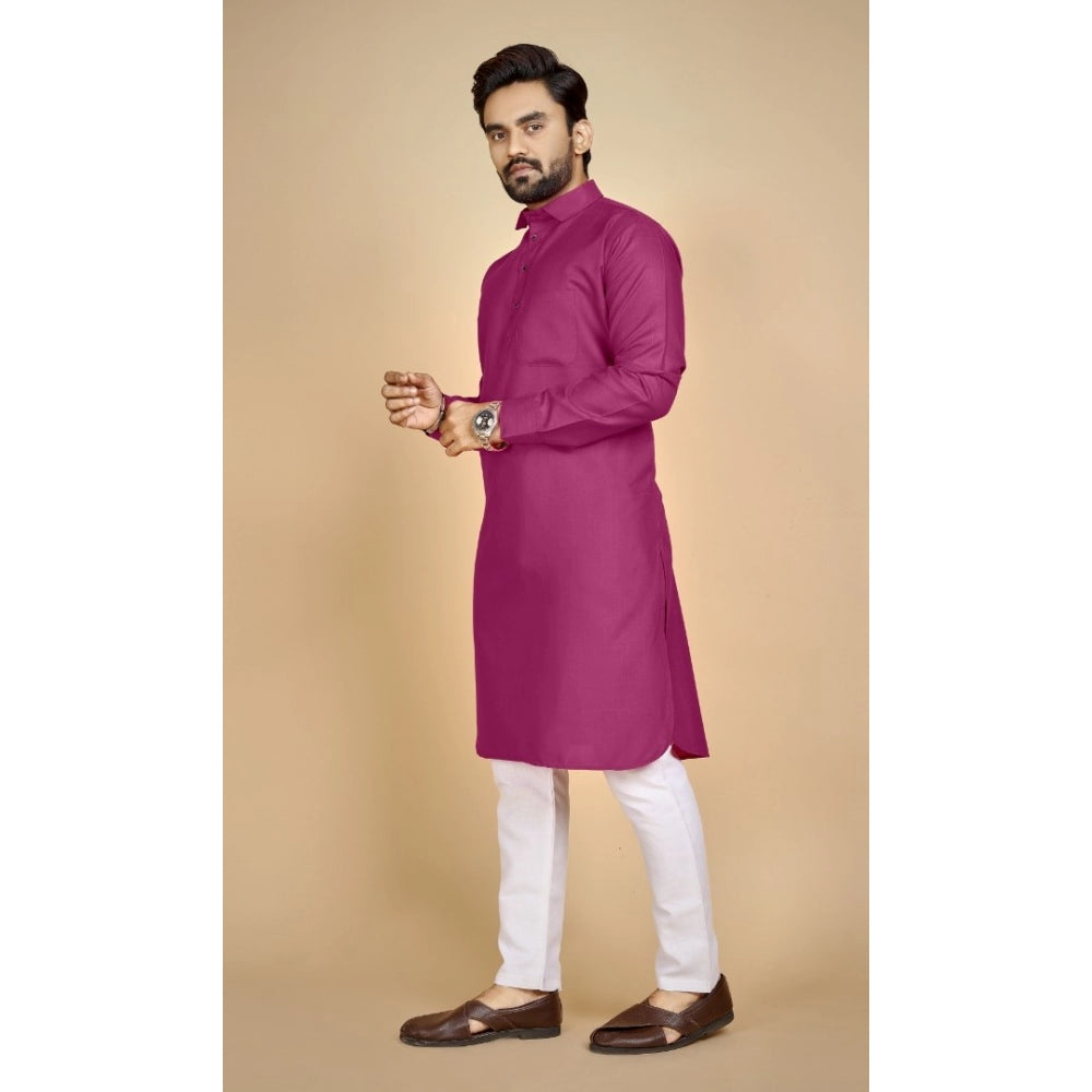 Generic Men's Cotton Blend Solid Full Sleeve Knee Length Kurta (Pink)