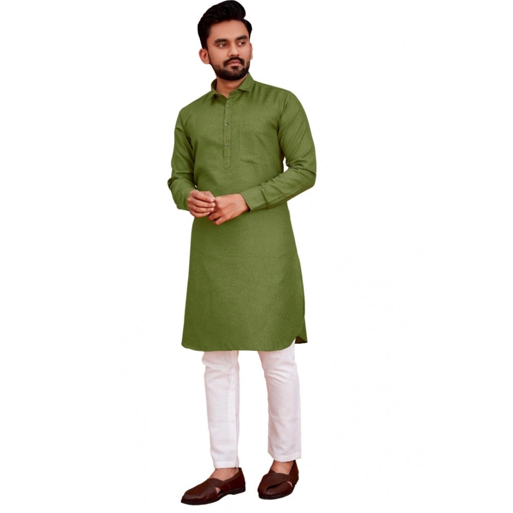 Generic Men's Cotton Blend Solid Full Sleeve Knee Length Kurta (Green)