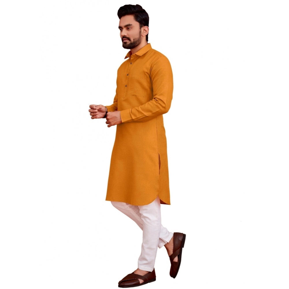 Generic Men's Cotton Blend Solid Full Sleeve Knee Length Kurta (Yellow)