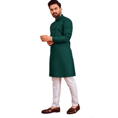 Generic Men's Cotton Blend Solid Full Sleeve Knee Length Kurta (Dark Green)