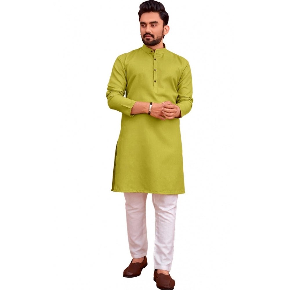 Generic Men's Cotton Blend Solid Full Sleeve Knee Length Kurta (Green)