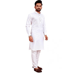 Generic Men's Cotton Blend Solid Full Sleeve Knee Length Kurta (White)