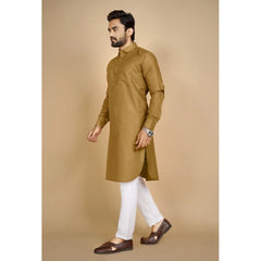 Generic Men's Cotton Blend Solid Full Sleeve Knee Length Kurta (Brown)