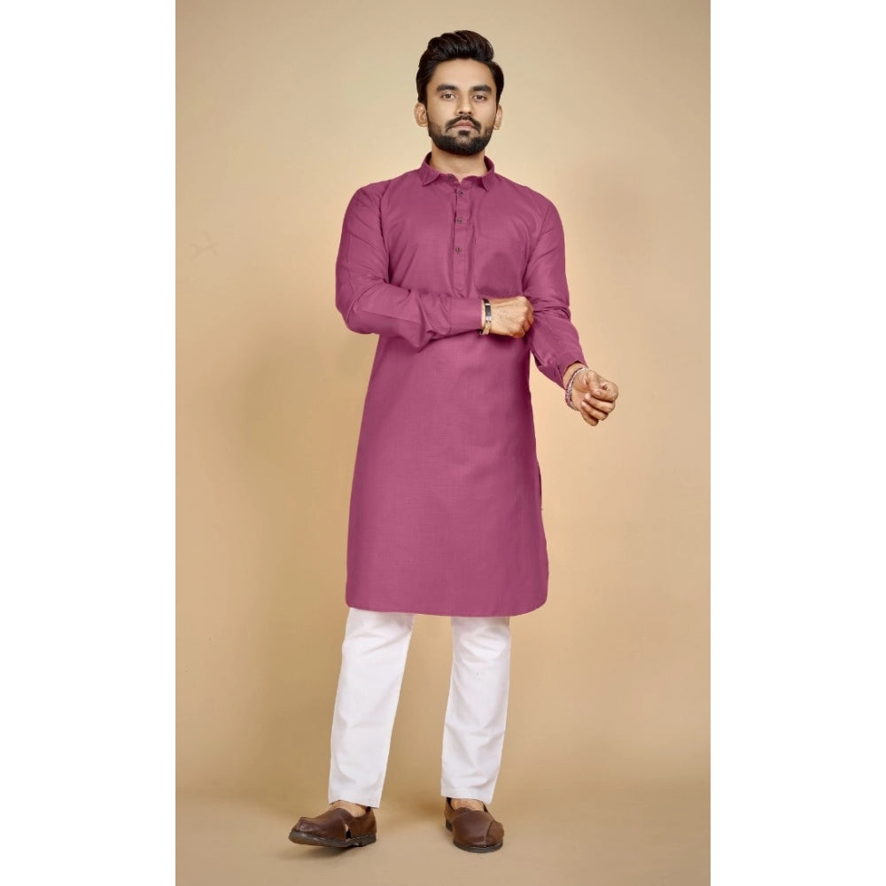 Generisches Herren-Kurta aus Baumwollmischung, einfarbig, lange Ärmel, knielang (Rosa)