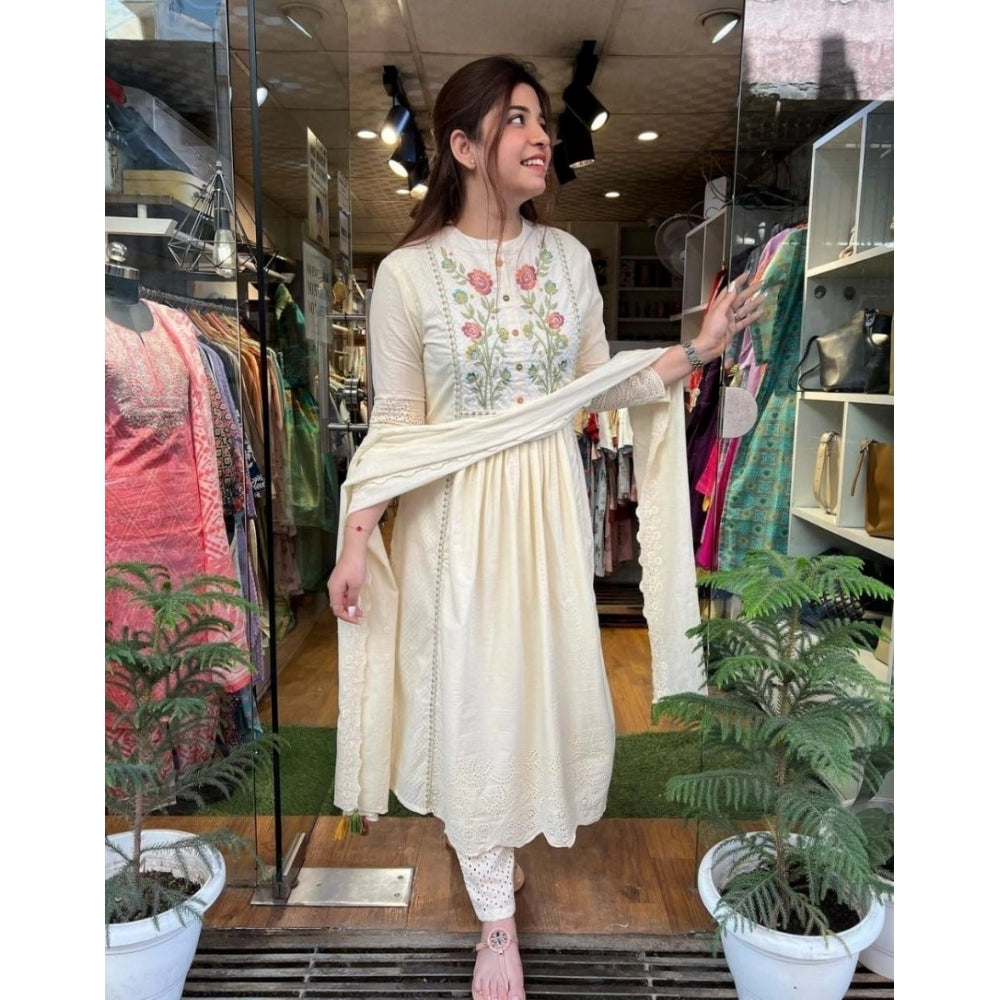 Generisches besticktes Chikankari-Kurti aus Baumwolle für Damen mit Hose und Stall-Dupatta (hellgelb)