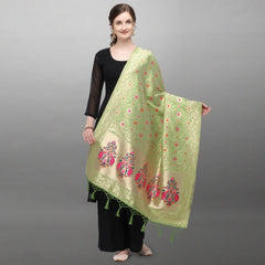 Generic Women's Silk Pure Zari weaving Duppatta (Light Green, Length: 2-2.3 Mtrs)