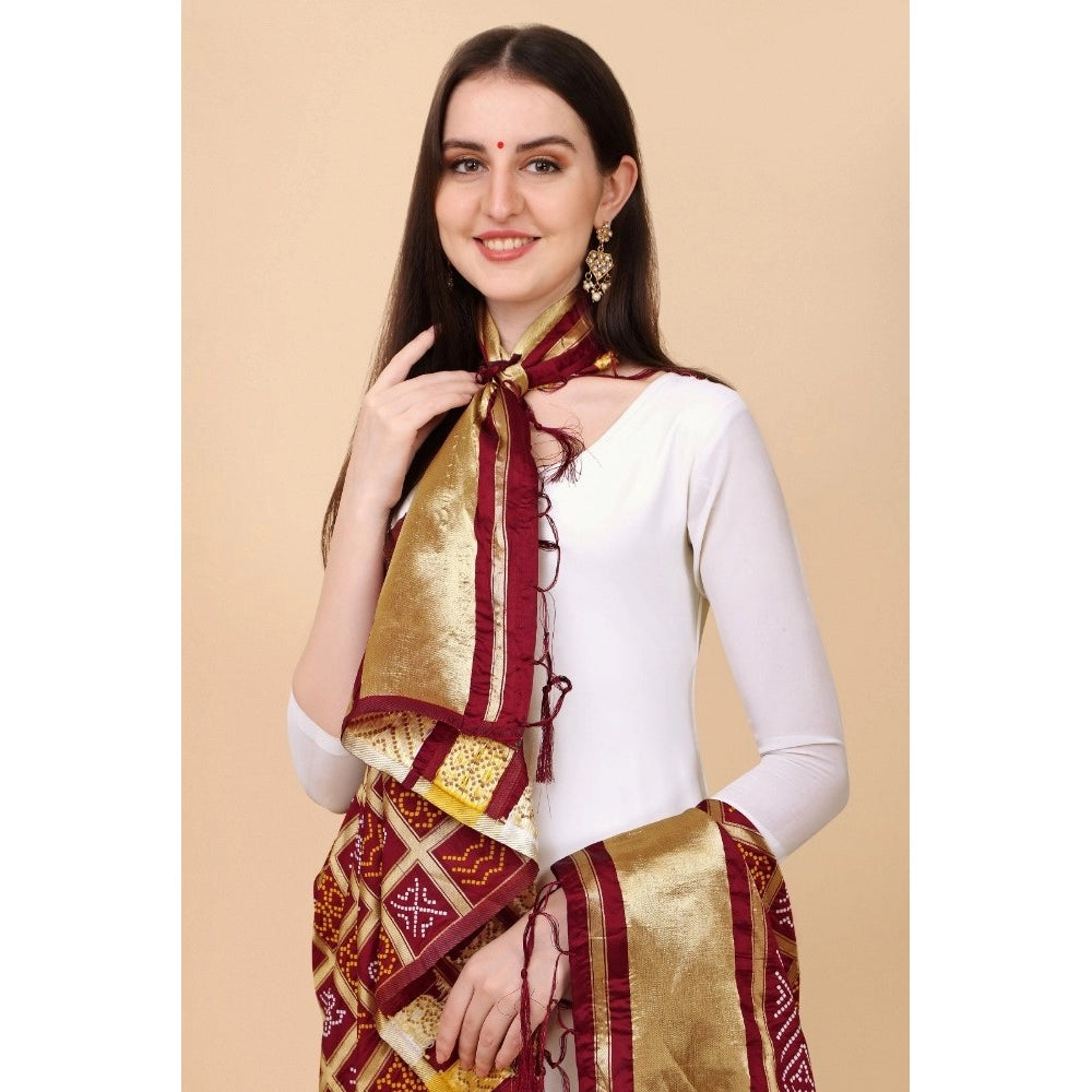 Generic Women's Silk Pure weaving Work Duppatta (Maroon, Length: 2-2.3 Mtrs)