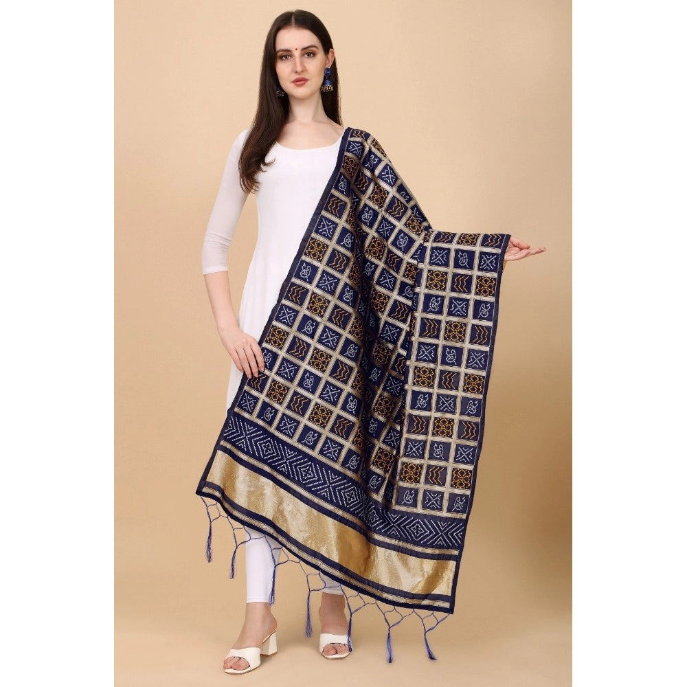 Generic Women's Silk Pure weaving Work Duppatta (Navy Blue, Length: 2-2.3 Mtrs)