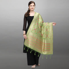 Generic Women's Silk Pure Zari weaving Duppatta (Light Green, Length: 2-2.3 Mtrs)