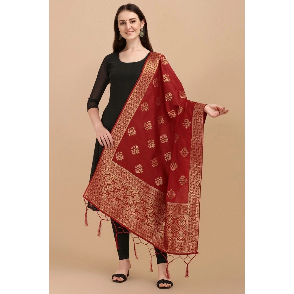 Generic Women's Silk Pure Zari weaving Duppatta (Maroon, Length: 2-2.3 Mtrs)