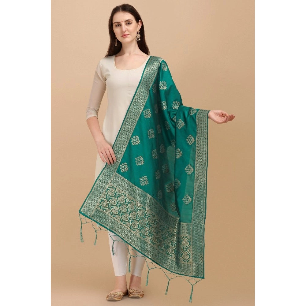 Generic Women's Silk Pure Zari weaving Duppatta (Green, Length: 2-2.3 Mtrs)