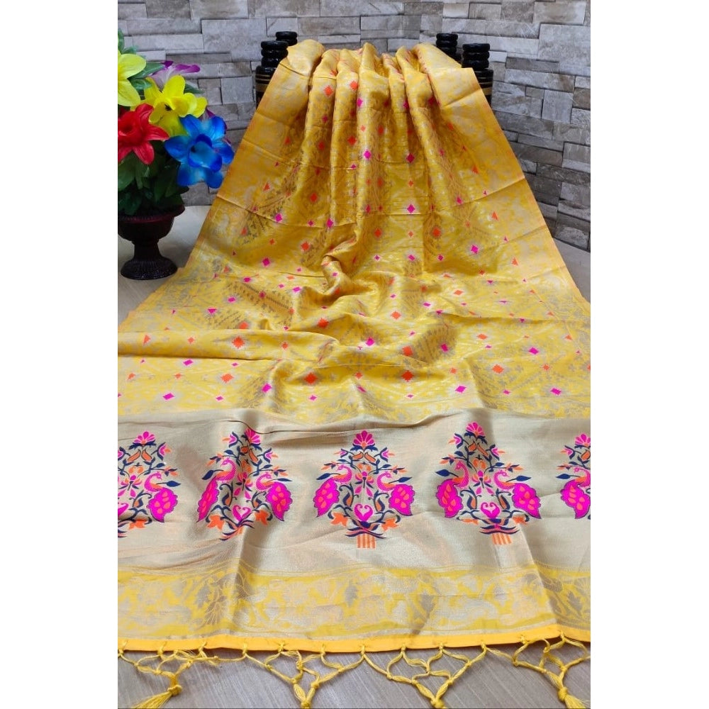 Generic Women's Silk Pure Zari weaving Duppatta (Mustard Yellow, Length: 2-2.3 Mtrs)