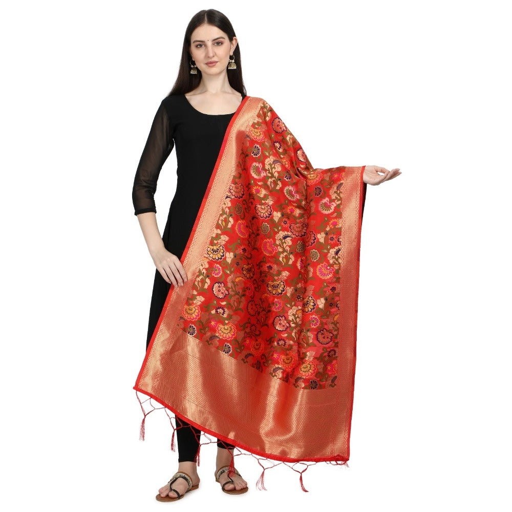 Generic Women's Silk Pure Zari weaving Duppatta (Red, Length: 2-2.3 Mtrs)