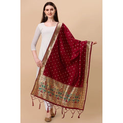 Generic Women's Silk Pure Zari weaving Duppatta (Maroon, Length: 2-2.3 Mtrs)