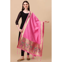 Generic Women's Silk Pure Zari weaving Duppatta (Light Pink, Length: 2-2.3 Mtrs)