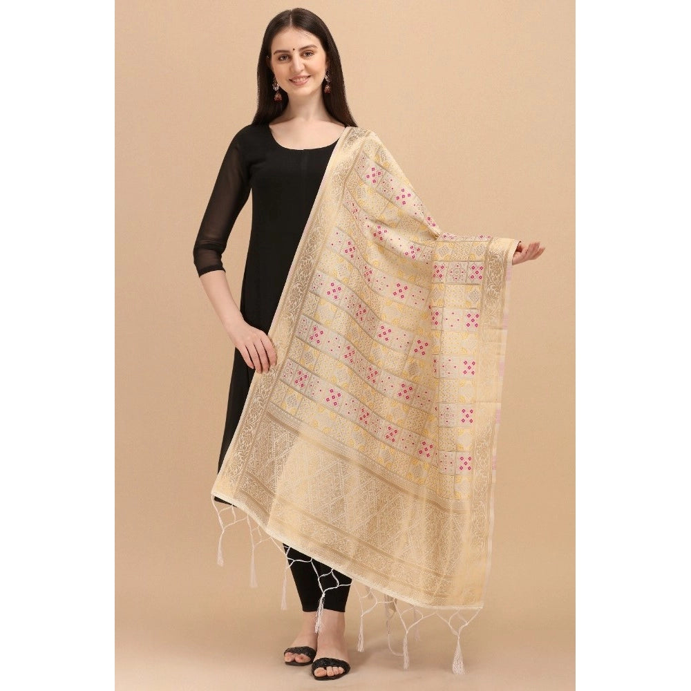 Generic Women's Silk Pure weaving Work Duppatta (Off White, Length: 2-2.3 Mtrs)