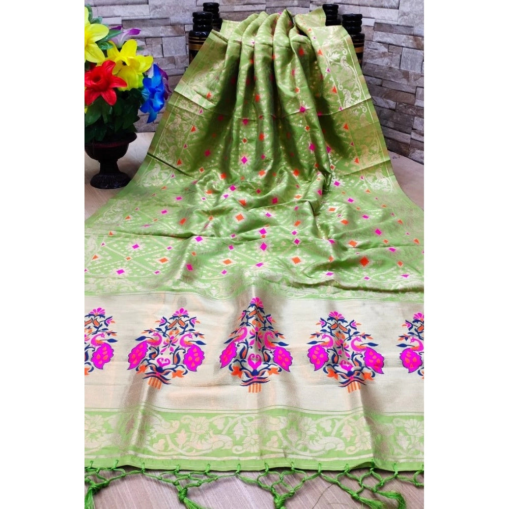 Generic Women's Silk Pure Zari weaving Duppatta (Light Green, Length: 2-2.3 Mtrs)