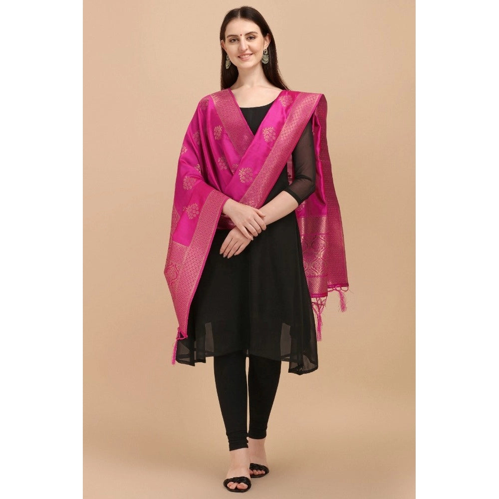 Generic Women's Silk Pure Zari weaving Duppatta (Pink, Length: 2-2.3 Mtrs)