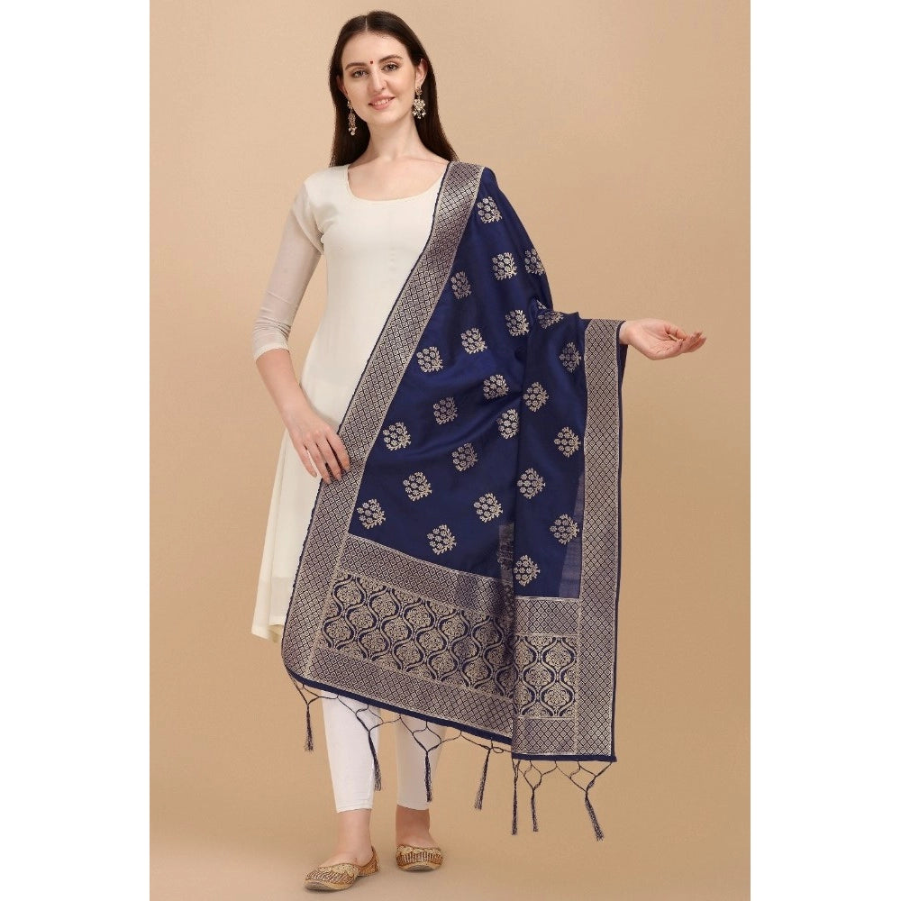 Generic Women's Silk Pure Zari weaving Duppatta (Navy Blue, Length: 2-2.3 Mtrs)