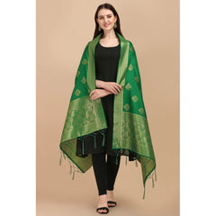 Generic Women's Silk Pure Zari weaving Duppatta (Green, Length: 2-2.3 Mtrs)