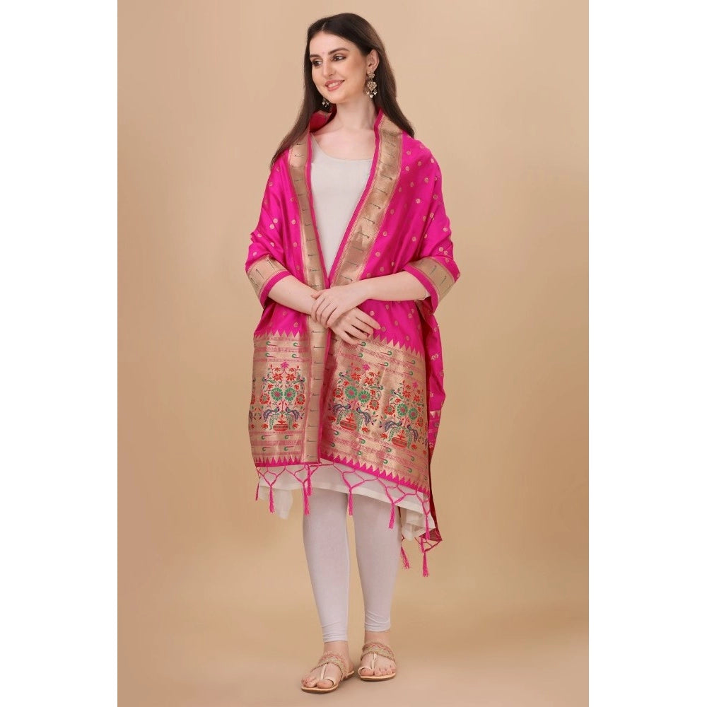 Generic Women's Silk Pure Zari weaving Duppatta (Pink, Length: 2-2.3 Mtrs)