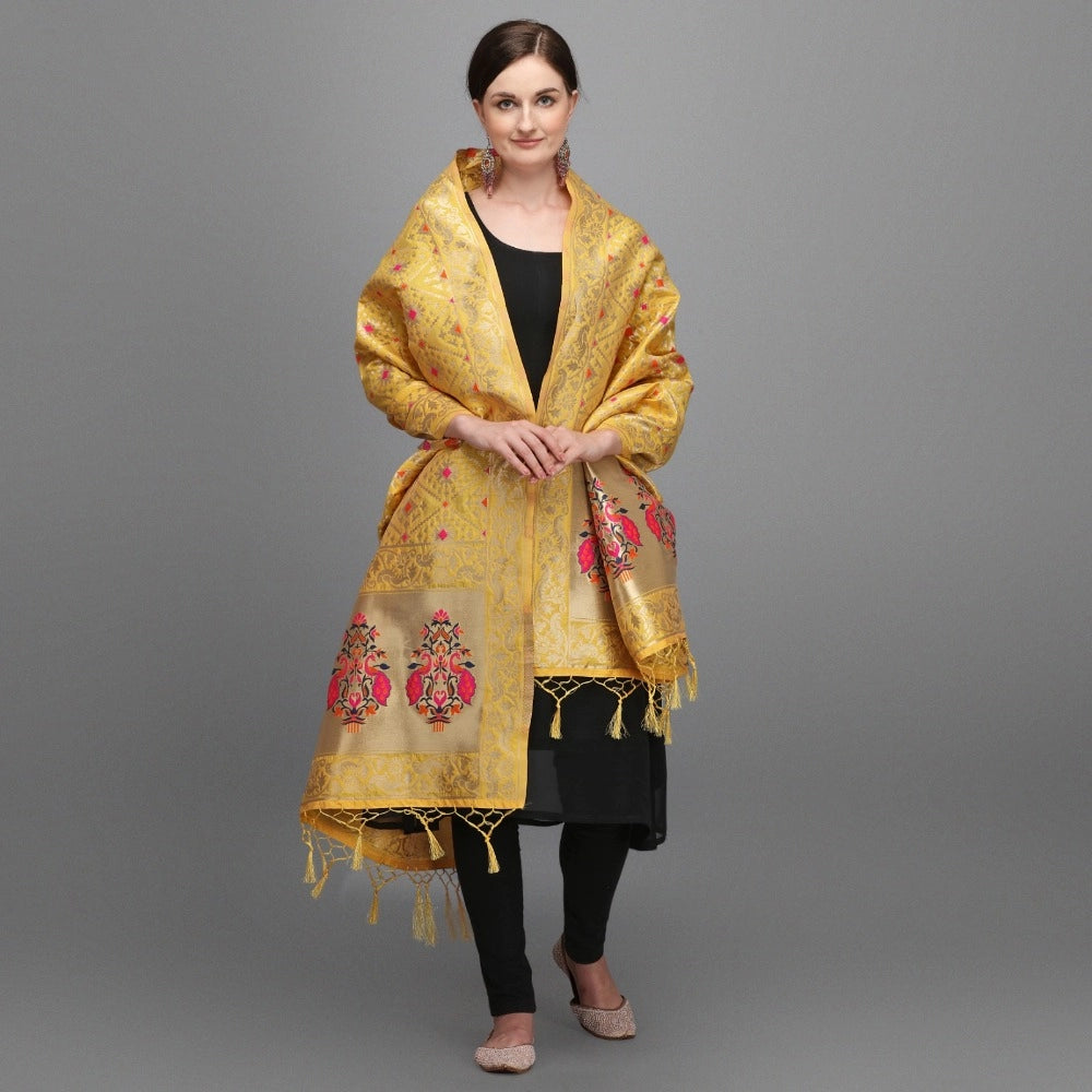 Generic Women's Silk Pure Zari weaving Duppatta (Mustard Yellow, Length: 2-2.3 Mtrs)