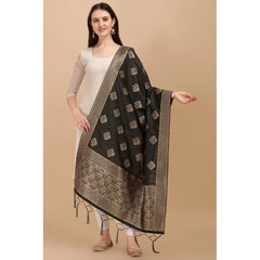 Generic Women's Silk Pure Zari weaving Duppatta (Black, Length: 2-2.3 Mtrs)