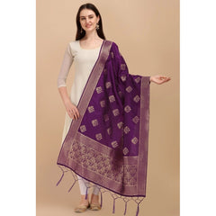 Generic Women's Silk Pure Zari weaving Duppatta (Purple, Length: 2-2.3 Mtrs)