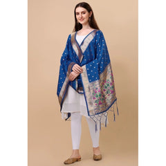 Generic Women's Silk Pure Zari weaving Duppatta (Blue, Length: 2-2.3 Mtrs)