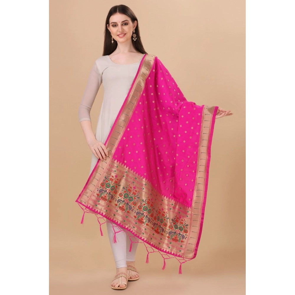 Generic Women's Silk Pure Zari weaving Duppatta (Pink, Length: 2-2.3 Mtrs)