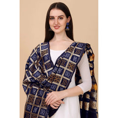 Generic Women's Silk Pure weaving Work Duppatta (Navy Blue, Length: 2-2.3 Mtrs)