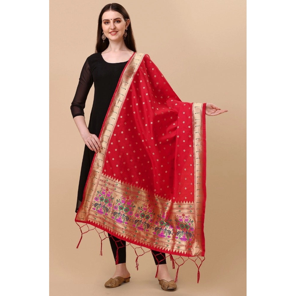 Generic Women's Silk Pure Zari weaving Duppatta (Red, Length: 2-2.3 Mtrs)