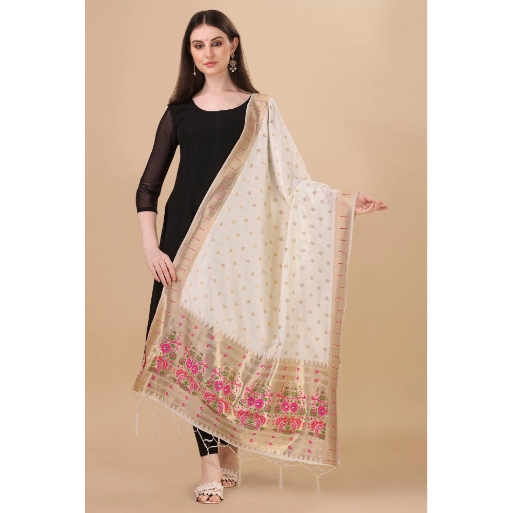 Generic Women's Silk Pure Zari weaving Duppatta (White, Length: 2-2.3 Mtrs)