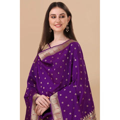 Generic Women's Silk Pure Zari weaving Duppatta (Purple, Length: 2-2.3 Mtrs)