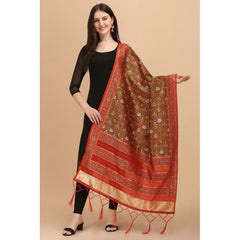 Generic Women's Silk Pure Zari weaving  Duppatta (Brown, Length: 2-2.3 Mtrs)