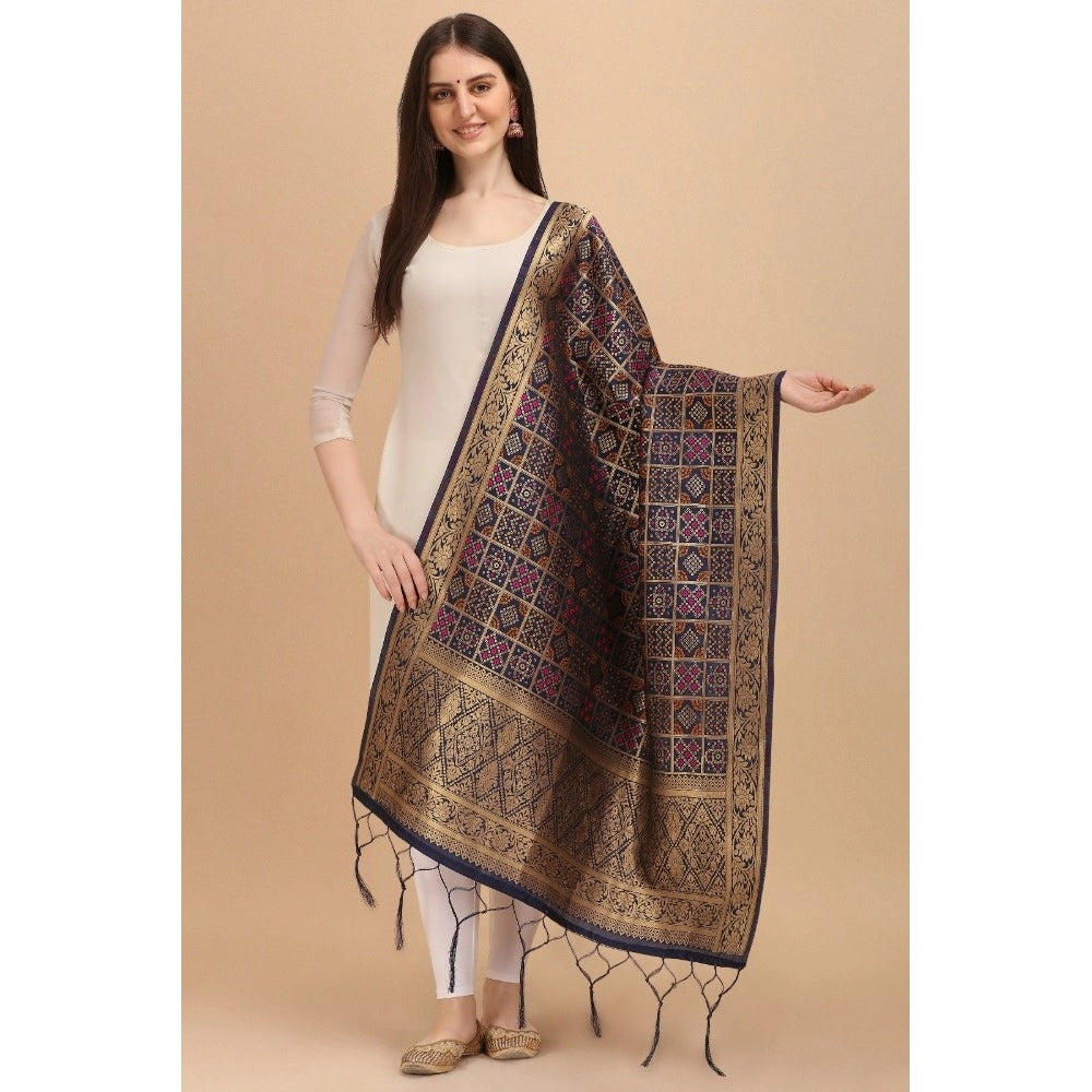 Generic Women's Silk Pure weaving Work Duppatta (Navy Blue, Length: 2-2.3 Mtrs)