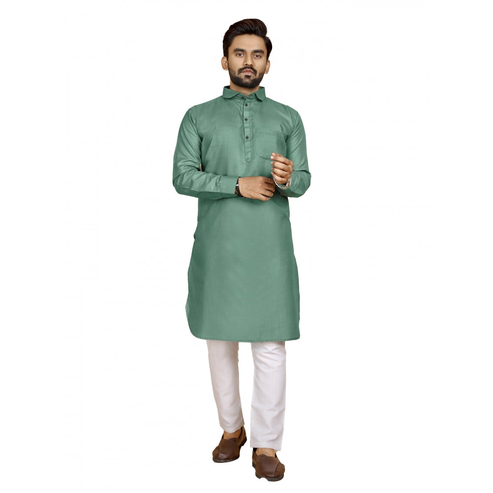 Generic Men's Cotton Blend Solid Full Sleeve Knee Length Kurta (Green)