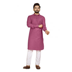 Generic Men's Cotton Blend Solid Full Sleeve Knee Length Kurta (Pink)