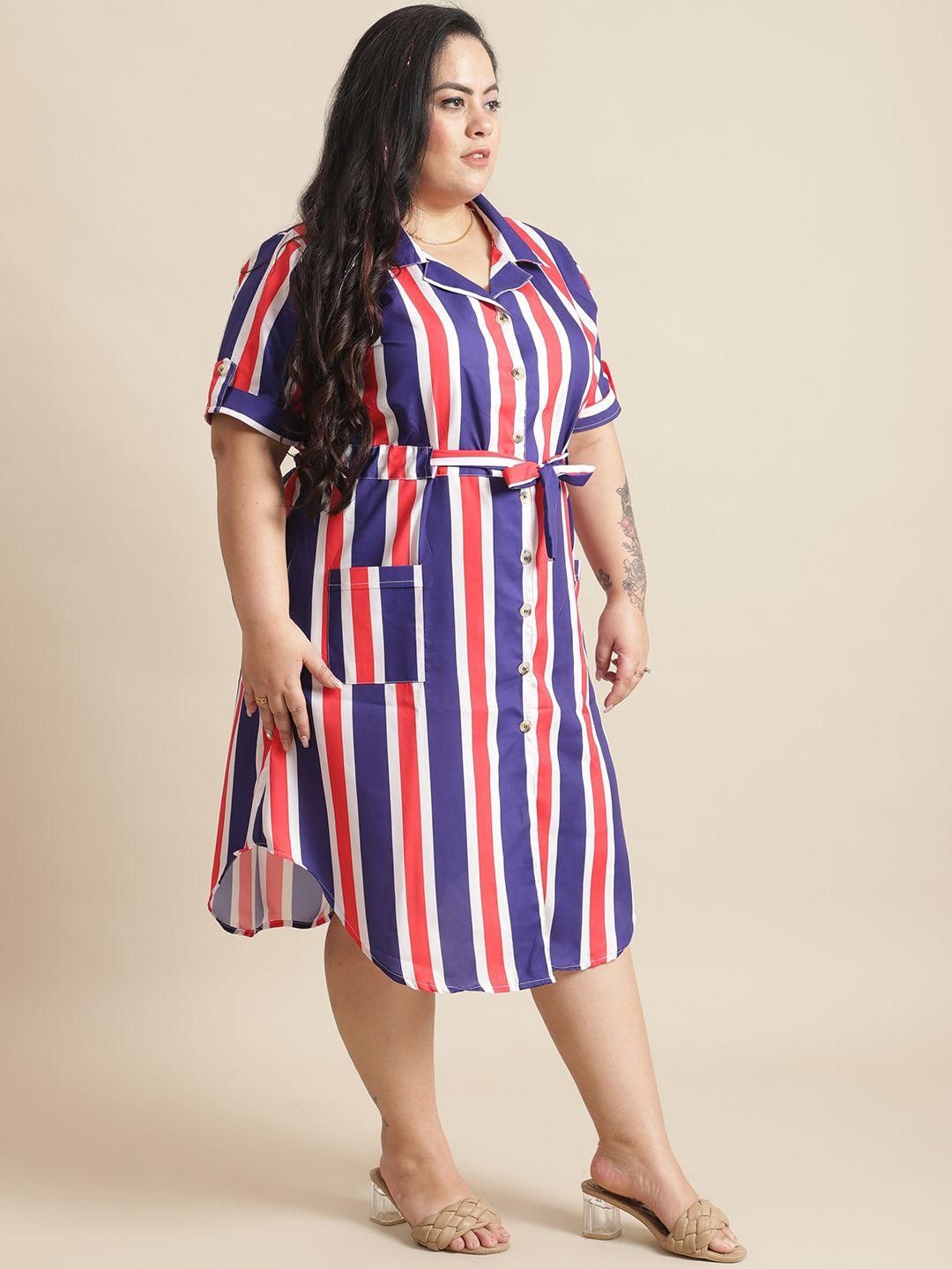 Flambeur Plus Size Stripe Shirt Style Midi Dress for Women