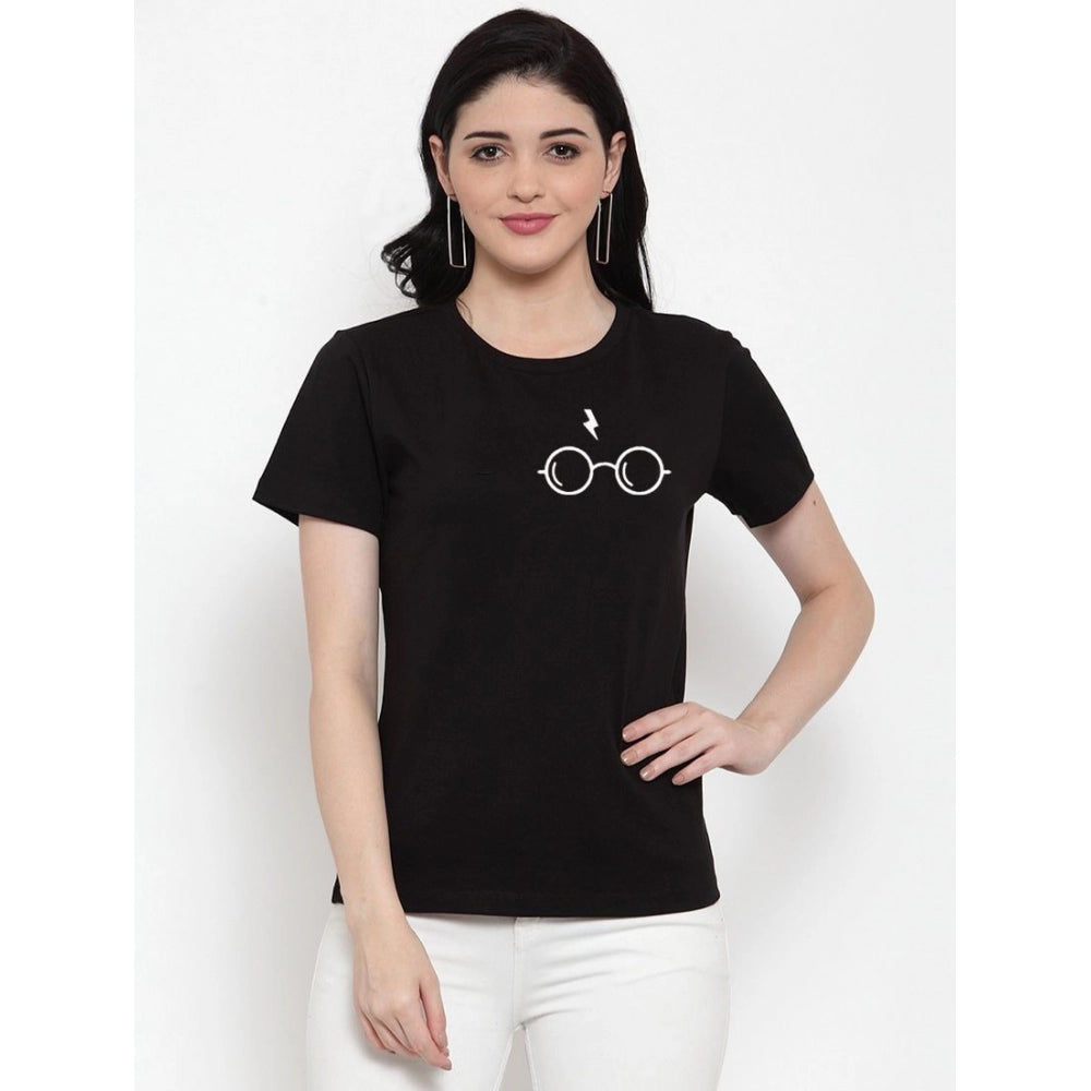 Generisches T-Shirt für Damen aus Baumwollmischung mit Aufdruck „Linke Ecke, schwarze Brille, Strichzeichnung“ (schwarz)