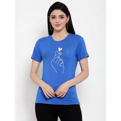 Generic Women's Cotton Blend Hand Heart Line Art Printed T-Shirt (Blue)