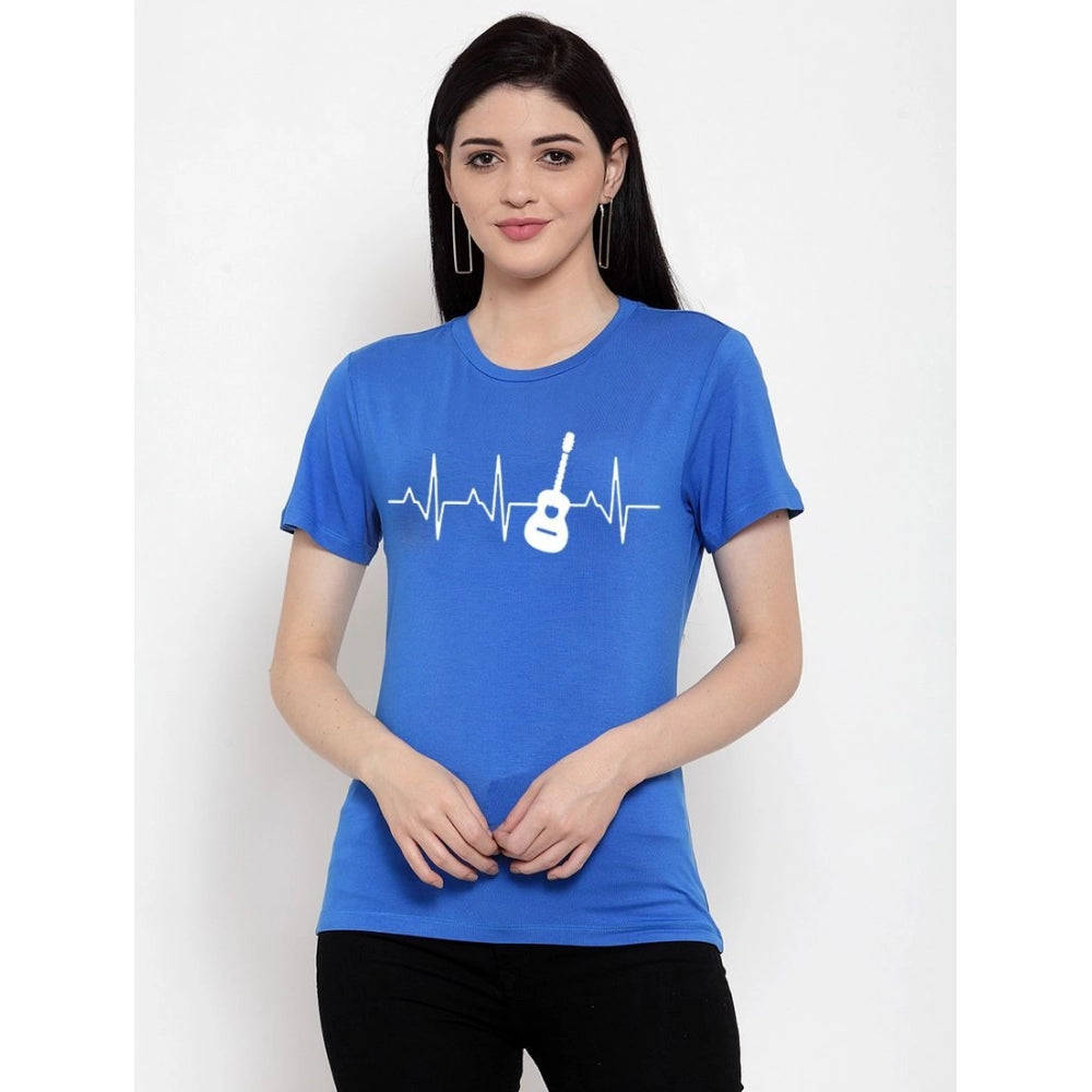 Generic Women's Cotton Blend Bass Guitar Heartbeat Line Art Printed T-Shirt (Blue)