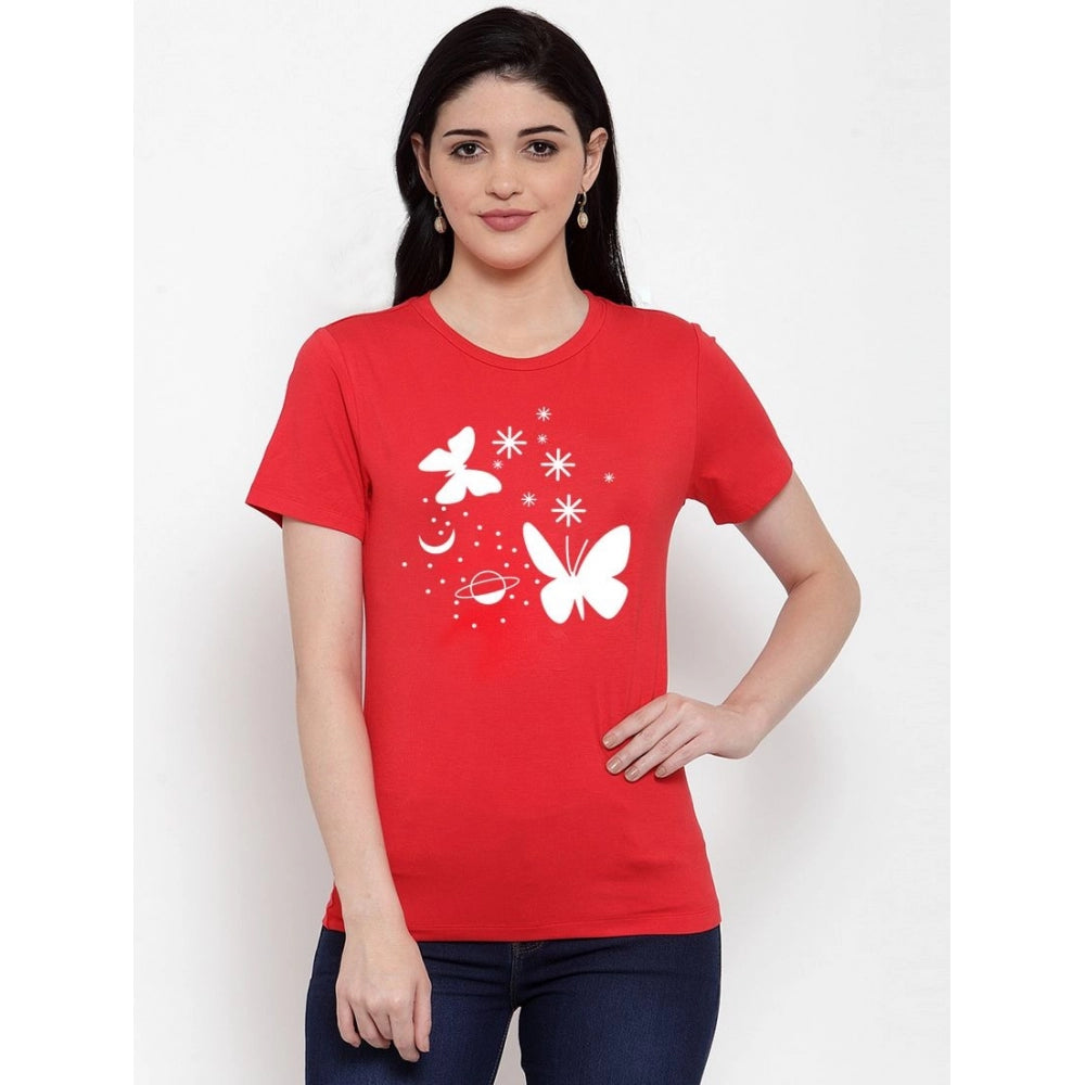 Generisches Damen-T-Shirt aus Baumwollmischung mit Schmetterlings- und Stern-Aufdruck (Rot)