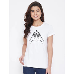 Generic Women's Cotton Blend Heart Hands Line Art Printed T-Shirt (White)