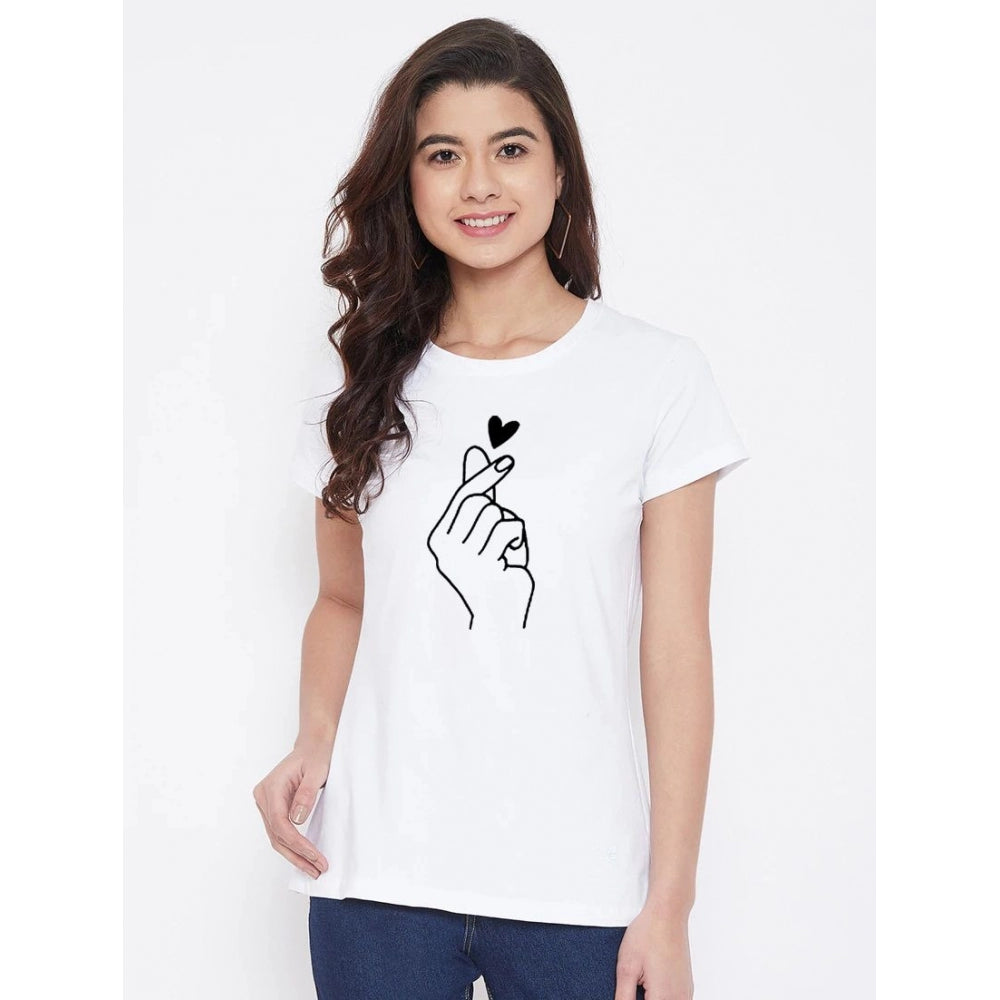 Generic Women's Cotton Blend Hand Heart Line Art Printed T-Shirt (White)