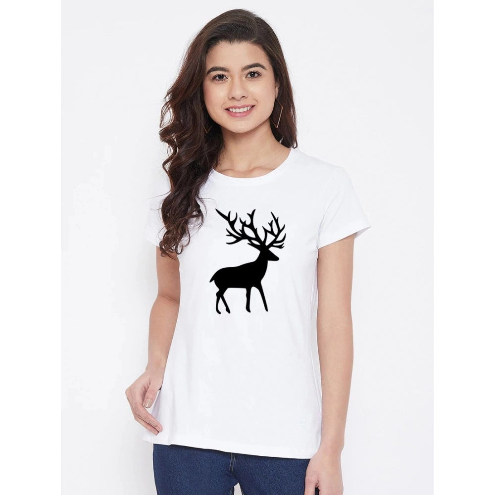 Generic Women's Cotton Blend Deer Printed T-Shirt (White)