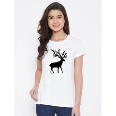 Generic Women's Cotton Blend Deer Printed T-Shirt (White)